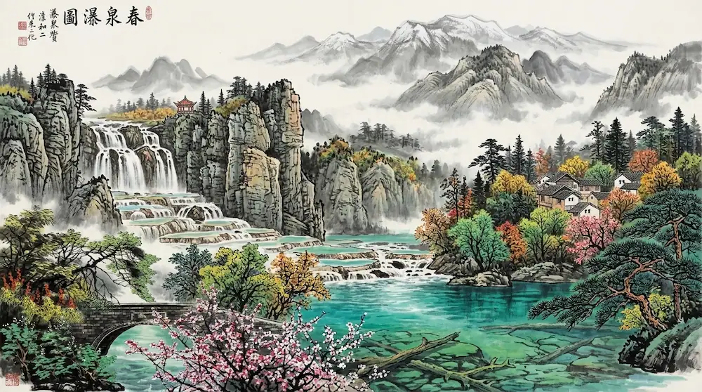 les 9 vallées jiuzhaigou en chine, peinture chinoise